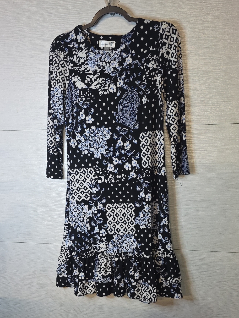 Mixed-Print Long Sleeve Midi Dress in Dark Blue & Light Blue